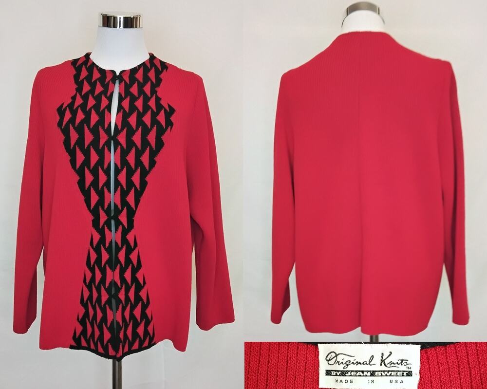 Vintage Original Knits by Jean Sweet Cardigan L Red & Black Geometric #J6086